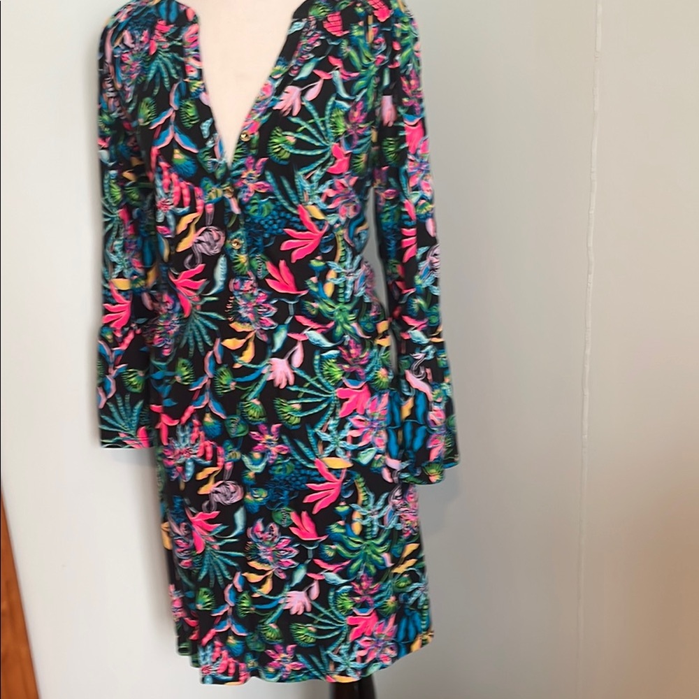 Lilly Pulitzer Black and Pink Sheath Dress with Bell Sleeves